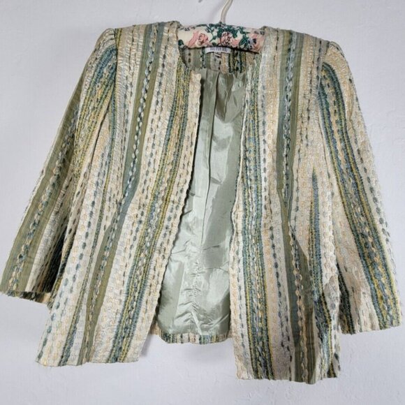 Dué Pér Dué Womens Size 8 Green/Yellow Open Front Career Textured Jacket Lined - Picture 1 of 7